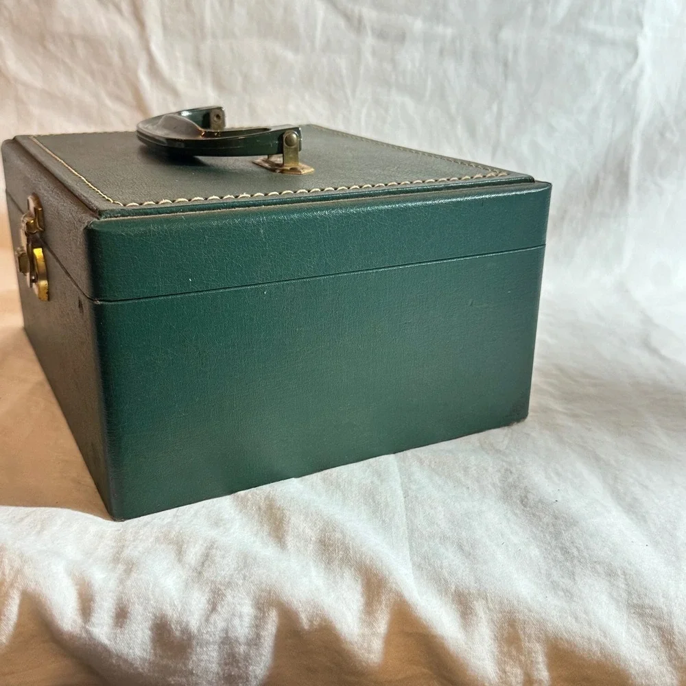 Vintage Jewelry Box Forest Green Good Faux Leather Brass Latch Top Handle Case